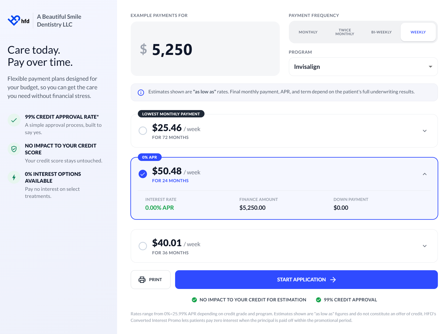Affordable Invisalign Financing in Boston MA | HFD Payment Plans HFD Invisalign financing at A Beautiful Smile Dentistry in Boston, MA, showing $25.46 weekly payments over 72 months and a 0% APR financing option.
